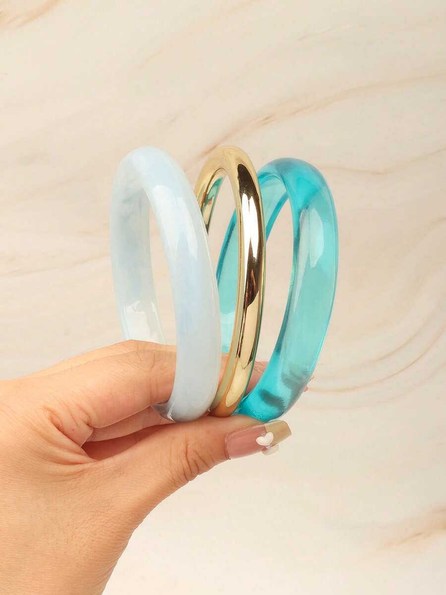 3pcs Elegant Minimalist Round Wave Stackable Bracelet Set, Versatile Fashion Bangle For Women, Suitable For Casual, Vacation And Daily Wear - Blue 1 - View 1