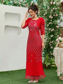 JINLICX Luxury Red 3D Floral Shoulder Rhinestone Mermaid Evening Dress Half Sleeve Mesh Formal Maxi Gown - Red - View 3