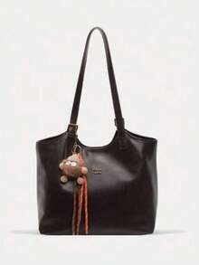 New Fashion Solid Color PU Leather Women's Shoulder Bag, Retro Handbag With Buckle And Zipper, Large Capacity Tote Bag, Suitable For Travel, Shopping - Coffee Brown - View 3