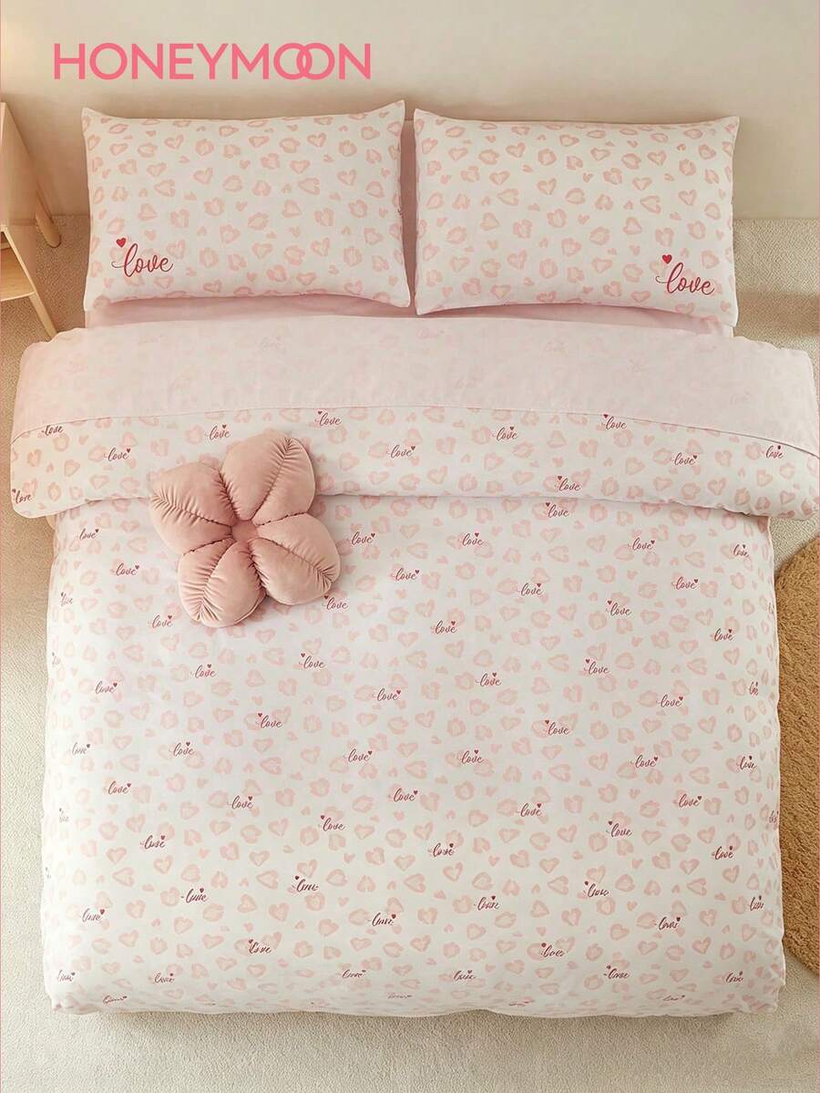 3pcs Pink Leopard And Heart Printed Duvet Cover Set, Creative & Chic Valentine's Day Home Decor, Sweet Wedding Essentials - Red and White - View 1