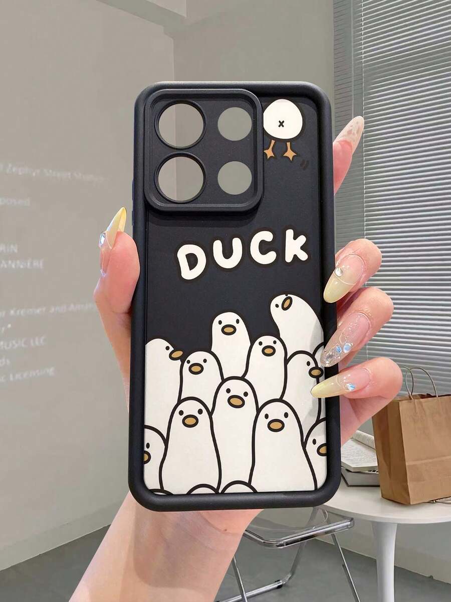 1pc Fashion Pure Android TPU Material Letter Duck Head Element Pattern Lens Protection Thick Anti-Drop Anti-Fingerprint Black Diamond Sand Phone Case Compatible With Samsung/Transsion/HONOR/ - Black - View 1