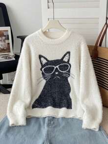 Girls' Street Style Cat Faux Mink Knit Pullover Sweater, Suitable For Casual Wear In Spring, Autumn And Winter - White - View 3
