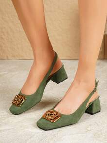 2026 New Elegant Suede Square Toe Chunky Heel 4.5cm Backless Sandals With Adjustable Buckle Design And Ring Wrap Intertwined Buckle, Soft And Comfortable Fit To Foot Shape, Easy To Walk, Suitable For Commuting, Gatherings, Dates And Various Occasions Women's Shoes - Dark Green - View 4