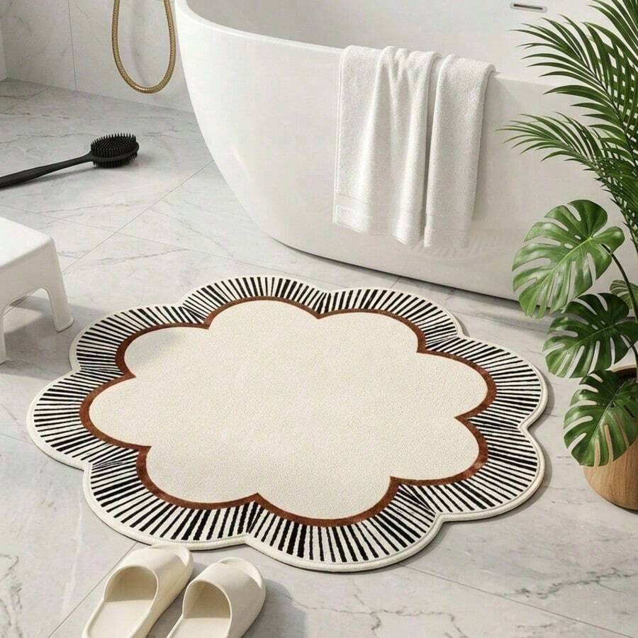1pc Floral Asymmetrical Striped Rug, Black And White Radial Striped Floral Pattern Design, Style, Suitable For Living Room Coffee Table Side, Bedroom Bedside, Study, Dressing Room, Sofa Side, Makeup Vanity, Dressing Area, Showroom, Decorative Rug, Bedroom Decor, Small Rug, Carpet, Washable Rug - Multicolor - View 1