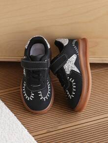 1 Pair Kids Star Sequin Training Shoes, Spring/Autumn New Style, Unisex, Magic Tape, Fashion Versatile Outdoor Skate Shoes - Black - View 8