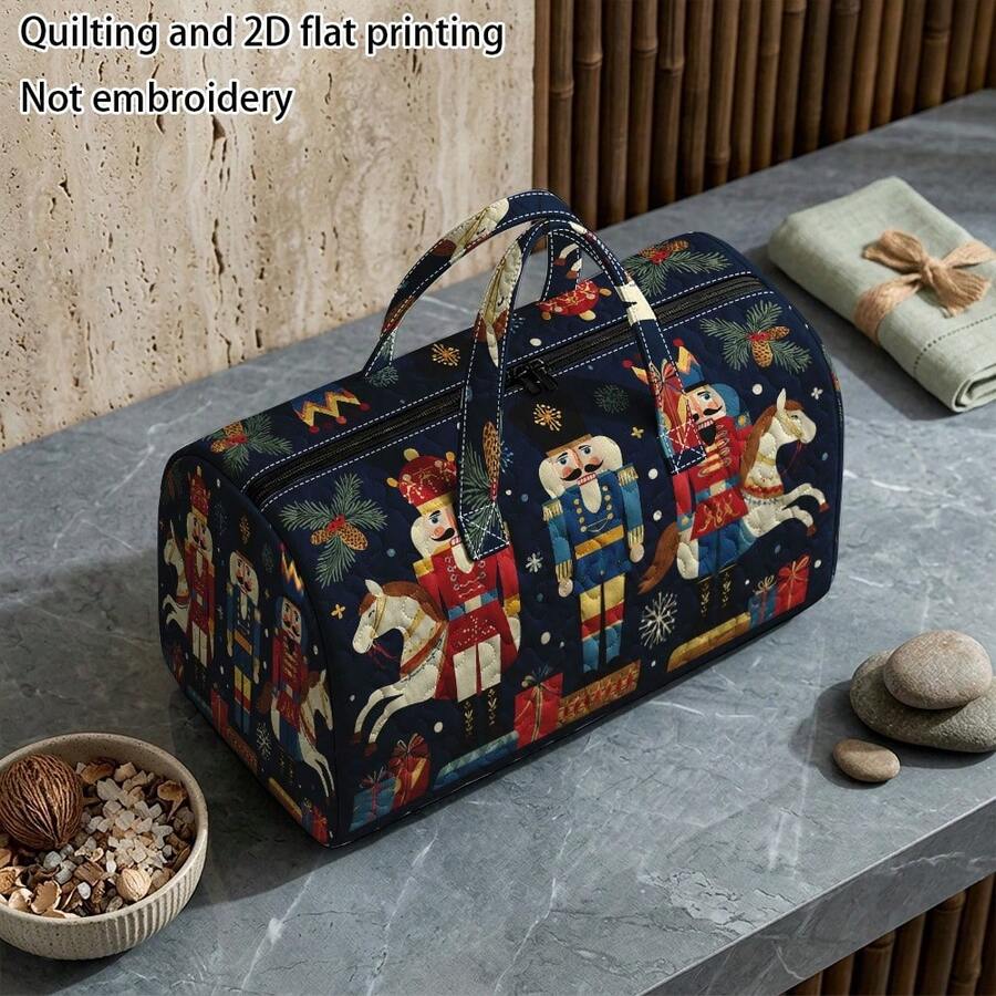1pc RIDESAY Nutcracker Print Quilted Weekend Travel Bag, Suitable For Short Trips, Large Capacity Tote Bag With Nutcracker Soldier Pattern, Polyester Quilted Handbag, Suitable For Travel, Shopping, Christmas And Holiday Gifts - Multicolor - View 1