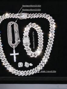 4pcs/Set Cuban Chain Necklace Bracelet Set, With Cross Pendant Necklace And Earrings, Men's Jewelry, Hip Hop Style Cool Jewelry Set, Men's Gift - A - View 8