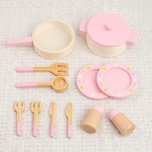 1 Set Wooden Pretend Play Kitchen Toy Set For Kids, Wooden Pots, Pans, Knives, Forks And Tableware, Early Education Role Play Kitchen Toys - Multicolor - View 10