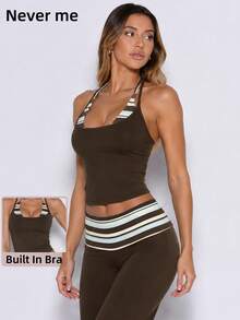 Never me Women's Halter Neck Camisole Wide-Leg Sports Two-Piece Set For Yoga, Pilates, Outdoor Jogging, And Daily Commute - Brown - View 4