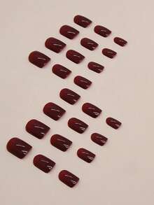 24pcs Burgundy Square Short Fake Nails, Deep Red Adhesive Realistic Manicure Suitable For Women, Natural Ultra-Short Style - Burgundy - View 4