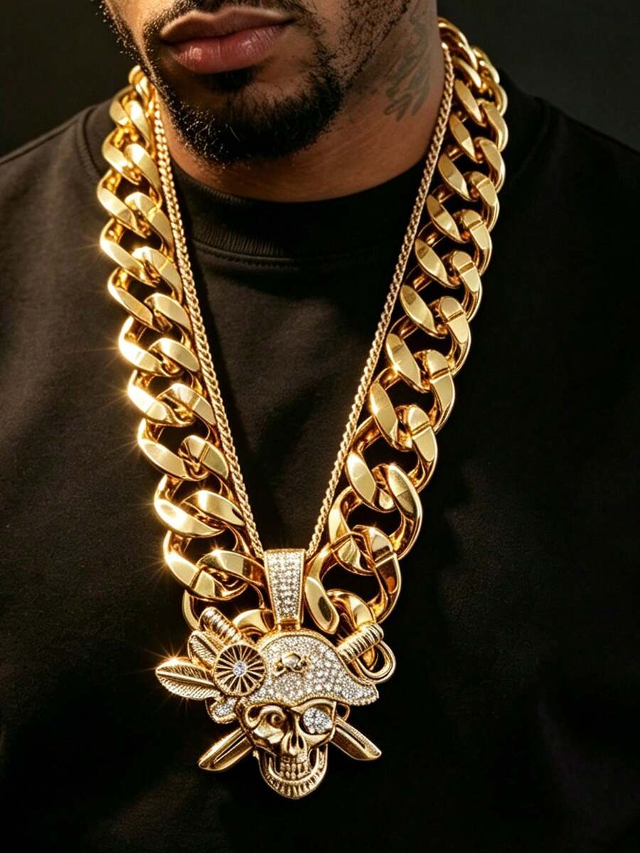 2pcs/Set Pirate Style Hip Hop Punk Necklace Exaggerated Men's Big Gold Chain Set, Vintage Punk Style, Suitable For Party, Gathering, Halloween, COS - Gold - View 1