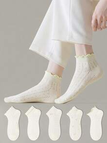ZUJO 5 Pairs Women's White And Green Bubble Cuff Short Socks, Heart Pattern And Plain, Minimalist Comfortable, Suitable For All Seasons, French Country Style, Random Color Shipping - White - View 4