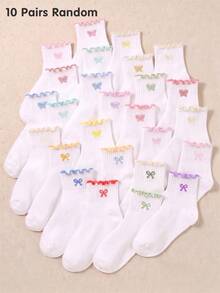 5/10/20 Pairs Random White Girls Butterfly Embroidery Bow Ruffle Socks, Back To School Season Big Girls Autumn Socks, Daily Wear, Halloween, Christmas - Multicolor - View 8