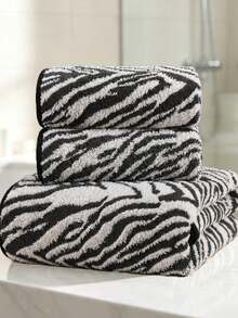 2/6/8PCS Black Zebra Print Towel Set Striped Towel Set Fashionable Coral Fleece Soft Bath Towels For Bath Spa Gym Super Absorbent Bath Sheets - Black - View 1