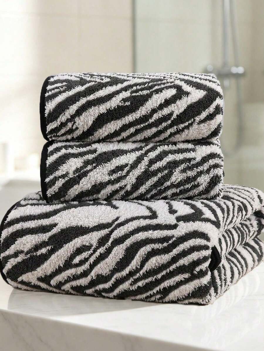 2/6/8PCS Black Zebra Print Towel Set Striped Towel Set Fashionable Coral Fleece Soft Bath Towels For Bath Spa Gym Super Absorbent Bath Sheets - Black - View 1