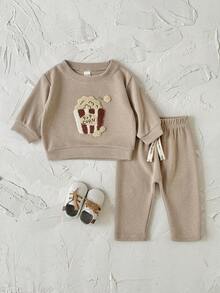 2Pcs/Set Infant/Toddler Popcorn Fleece Embroidered Sweatshirt Set, Spring/Autumn Round Neck Long Sleeve Top & Solid Color Casual Pants, 2 Pieces Children's Outfit - Khaki - View 6