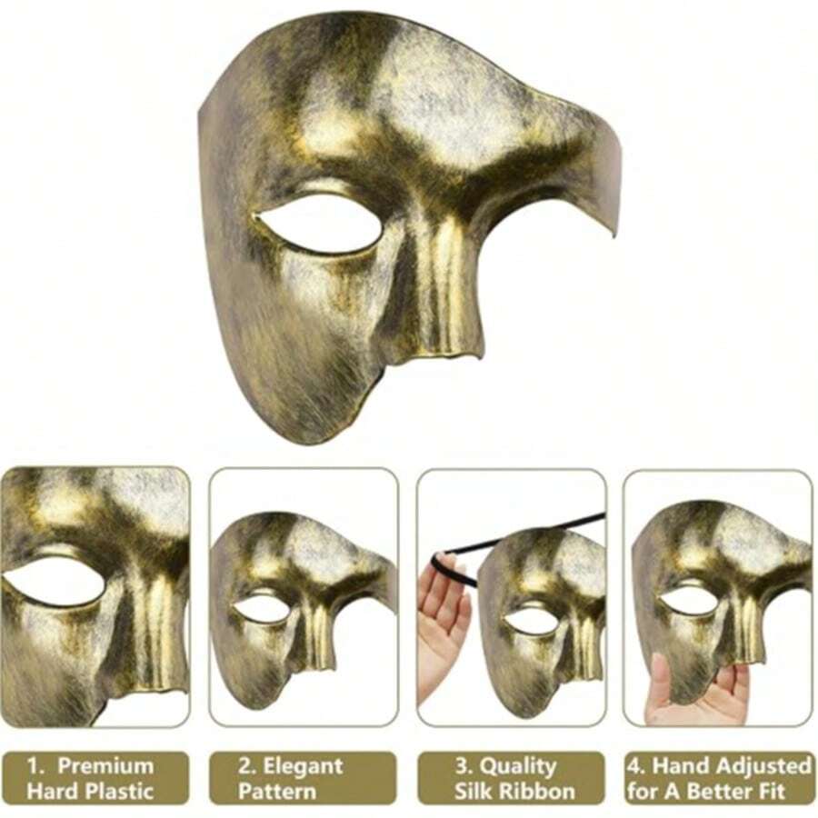 Men's Phantom Of The Opera Half-Face Mask, Suitable For Halloween Costume Parties And Carnivals (Vintage Gold). - 1 - View 1