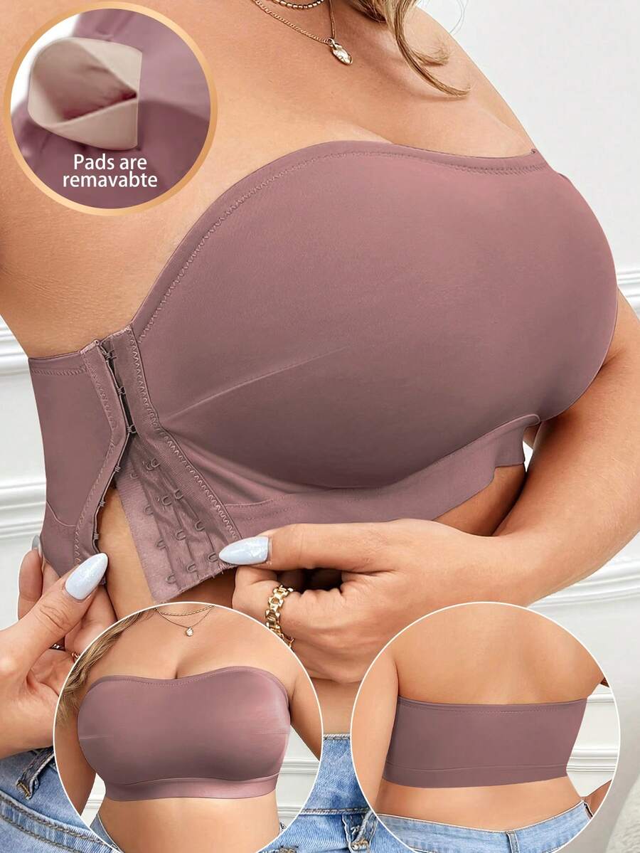 1pc Women's Fashion Backless Side-Hook Bra, Wire-Free Strapless Bandeau - Brown - View 1