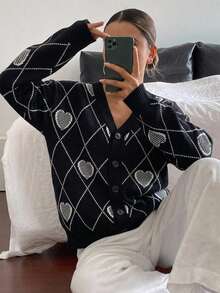 Cardigan Kancing Depan Motif Argyle, Leher V Dalam, Lengan Panjang Rajut Bergaris, Sweater Kasual Musim Gugur Hitam untuk Wanita, Atasan Berlapis yang Elegan - Hitam - View 2