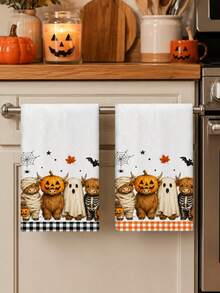2pcs/4pcs Halloween Kitchen Towels, Highland Cow Mummy Ghost Skeleton Pumpkin Bat Spider Web Print, Plaid Trim Home Decor Hand Towels - Multicolor - View 5