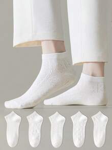 ZUJO 5 Pasang/10 Pasang Kaos Kaki Pendek Rajut Kabel Putih Polos dengan Trim Renda Jala untuk Wanita, Sederhana & Nyaman, Cocok untuk Musim Semi, Musim Panas, Musim Gugur - Putih - View 2