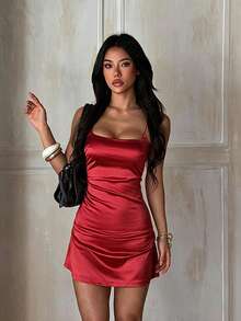 1pc Solid Color Sexy Knitted Fabric Sleeveless Dress Summer Beach - Red - View 3