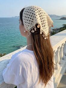 1件女款米色花卉海洋海星蜻蜓貝殼流蘇針織鏤空蕾絲髮箍，波希米亞風，適合日常穿著、運動、海灘度假 - 米色 - 查看 3
