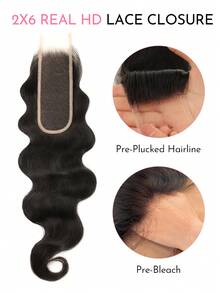 WOWANGEL 1PC 2x6 Skinlike Real HD Lace Closure With 3 Bundles Body Wave Real Human Hair, 0.095mm Ultra-Thin HD Lace, Tiny Knots, Brazilian Virgin Hair , Pre-Plucked With Natural Hairline - Natural Black - View 3