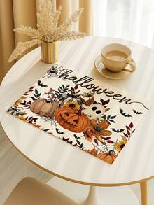 2/4/6Pcs Placemats, Fall Halloween Pumpkin Ghost Sunflower Spider Web Thanksgiving Dining Table Place Mats Party Home Decor - White - View 1