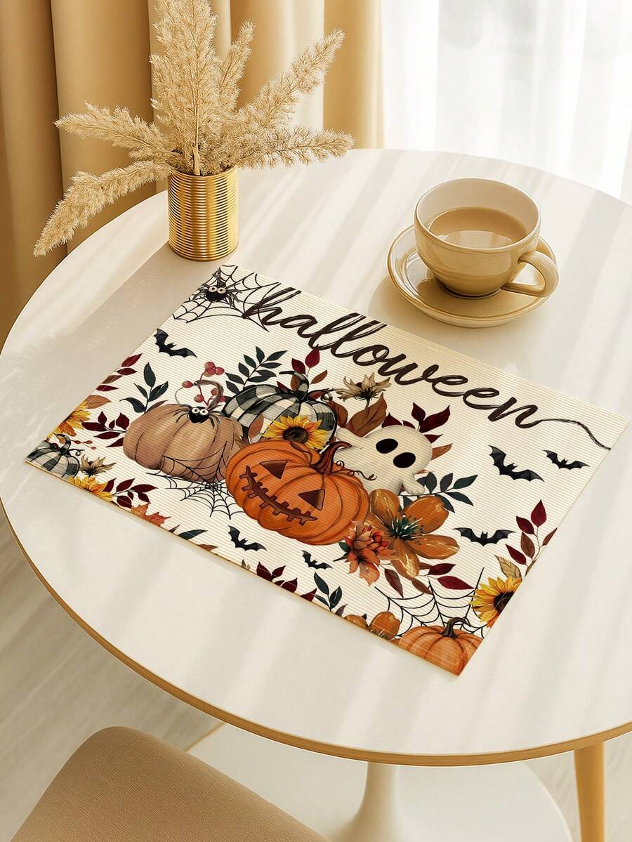 2/4/6Pcs Placemats, Fall Halloween Pumpkin Ghost Sunflower Spider Web Thanksgiving Dining Table Place Mats Party Home Decor - White - View 1