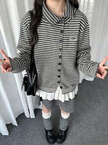 復古美式條紋翻領女款針織開襟毛衣 秋冬輕量保暖針織開襟衫 - 黑條紋 - 查看 1