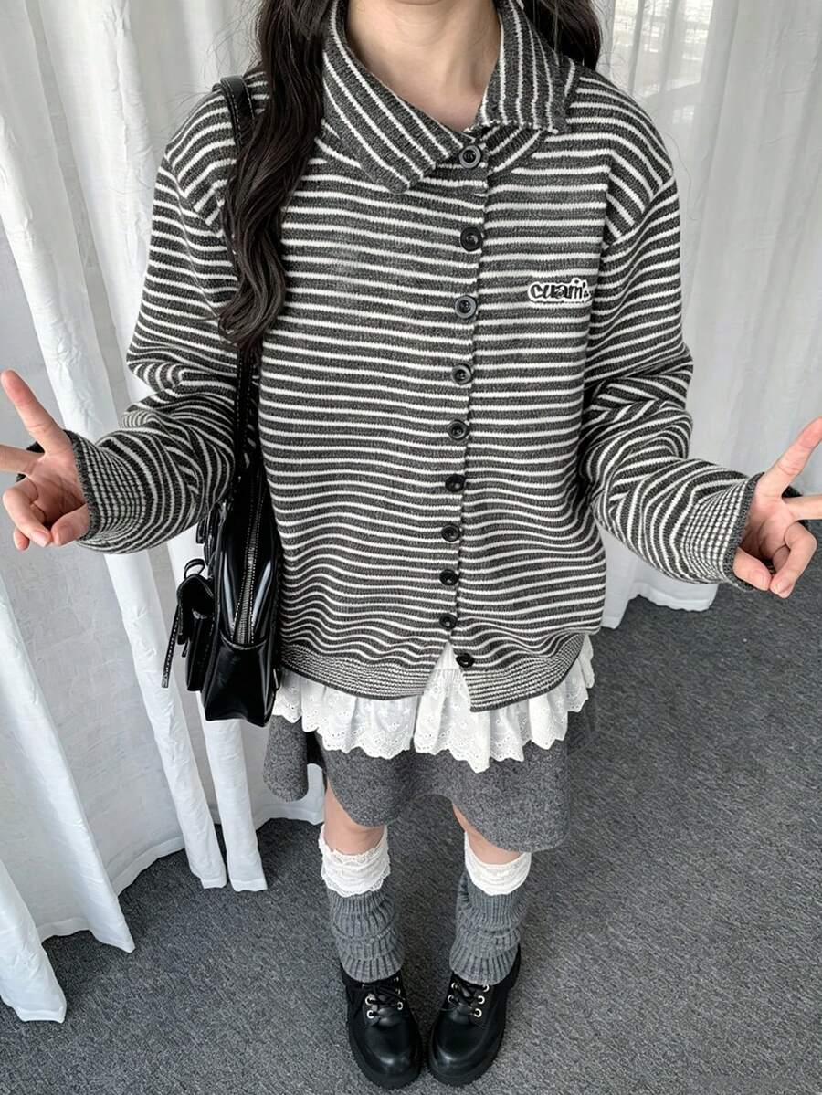 復古美式條紋翻領女款針織開襟毛衣 秋冬輕量保暖針織開襟衫 - 黑條紋 - 查看 1