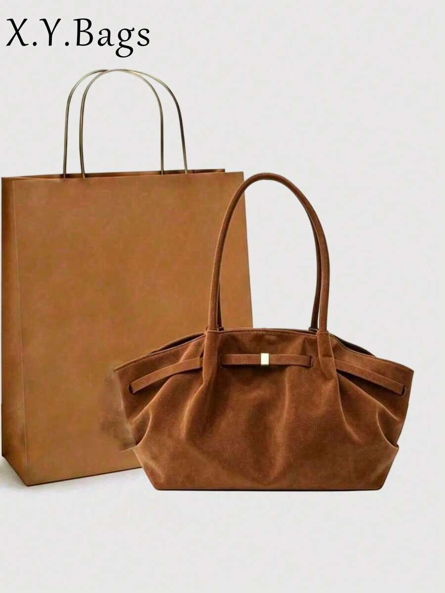 1pc Retro Women's Handbag, Casual, Stylish, Large Capacity, Versatile Underarm Shoulder Bag, New Commuter/Work Tote Bag, Solid Color, Buckle Closure, - Brown - View 1