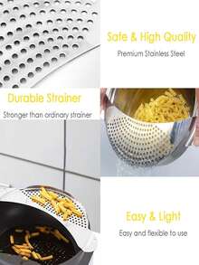1pc Stainless Steel Strainer, Vegetable Colander, Moon-Shaped Pot Side Strainer, Residue Filter, Filter Plate, Draining Tray - Multicolor - View 10