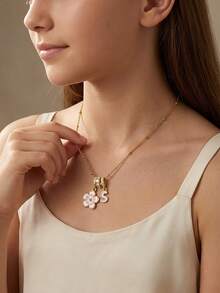 1pc Five-Petal Flower & Initial Letter Multi-Pendant Necklace For Girls Anniversary Dates Parties Prom Birthday Gift For Daily Versatile Jewelry Gift - White - View 1