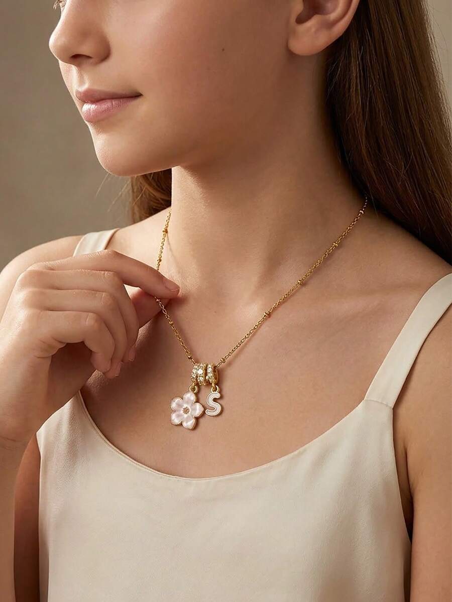 1pc Five-Petal Flower & Initial Letter Multi-Pendant Necklace For Girls Anniversary Dates Parties Prom Birthday Gift For Daily Versatile Jewelry Gift - White - View 1