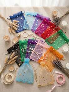 100/50/30/10pcs/Set Star & Moon Organza Drawstring Gift Bags, Gold Glitter Transparent Mesh Bags, Multicolor Transparent Organza Candy Jewelry Packaging Bags, Suitable For Wedding Party Holiday Favors - Multicolor - View 2