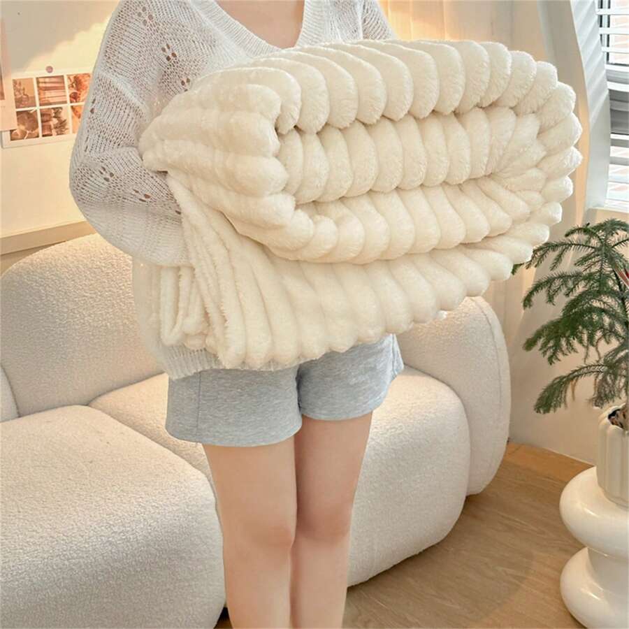 1pc Oversized Striped Blanket, Wide Stripe Cutout Faux Rabbit Fur, Milk Plush, Flannel Throw Blanket, Casual Nap Blanket, Office Nap Throw