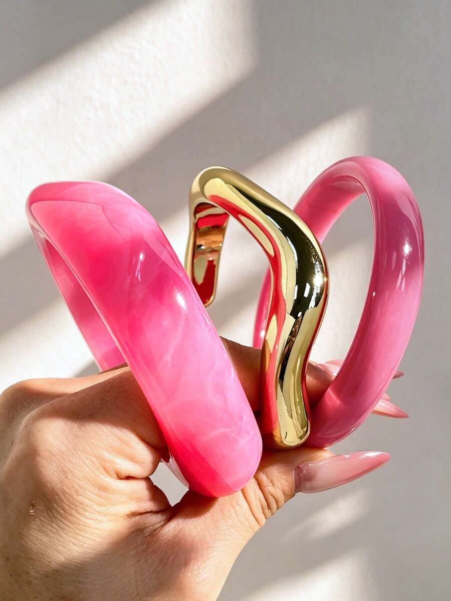 3件組復古藝術樹脂大理石紋女款手鍊,個性化幾何圓形樹脂手鐲 - 多色3 - 查看 1