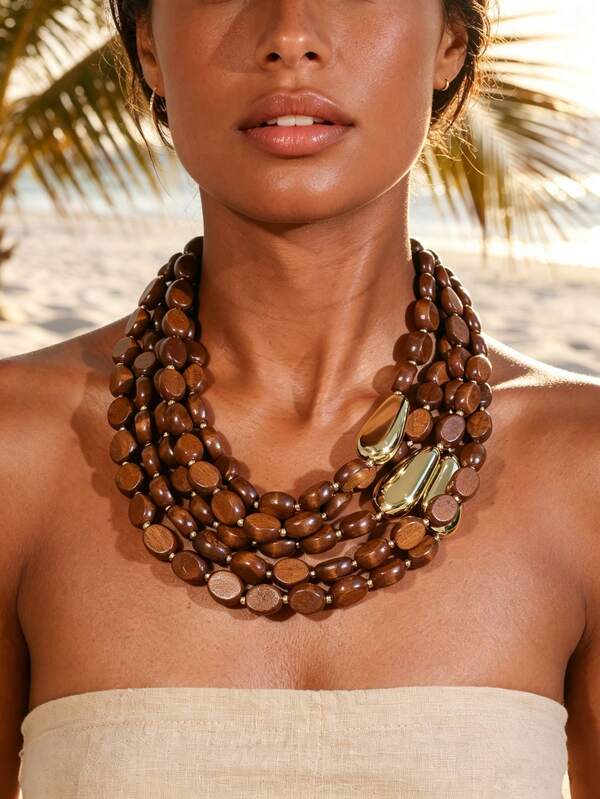 1pc Bohemian Vintage Style Wooden CCB Multi-Layer Beaded Necklace For Women, Beach Vacation & Daily Wear