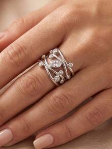 1pc Silver Multi-Layer Wavy Ring With Oval Zirconia And Geometric Lines, Fashion Jewelry, Suitable For Women's Wedding Party Wear Or Holiday Gift - Silver - View 2