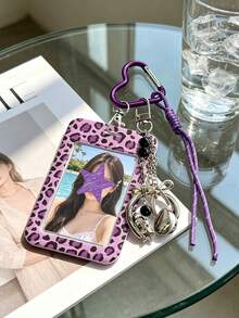 Leopard Print Card Holder Pendant With Star Pendant,Sliding Cover Retractable Card Sleeve,Personalized Fashion Card Holder,Cute Keychain Pendant - Multicolor - View 5