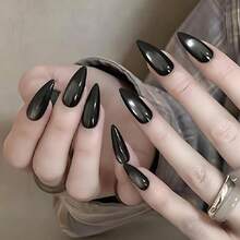 24pcs Cat Eye Nail Stickers, Medium Almond Shape, Black, Reusable, Full Coverage, Minimalist Style, Smooth Surface, Suitable For Women And Girls Daily Wear - Black - View 6