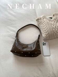 1pc Fashion Rivet Patchwork Crescent Handbag, Vintage Versatile Exquisite Shoulder Bag - Coffee - View 5