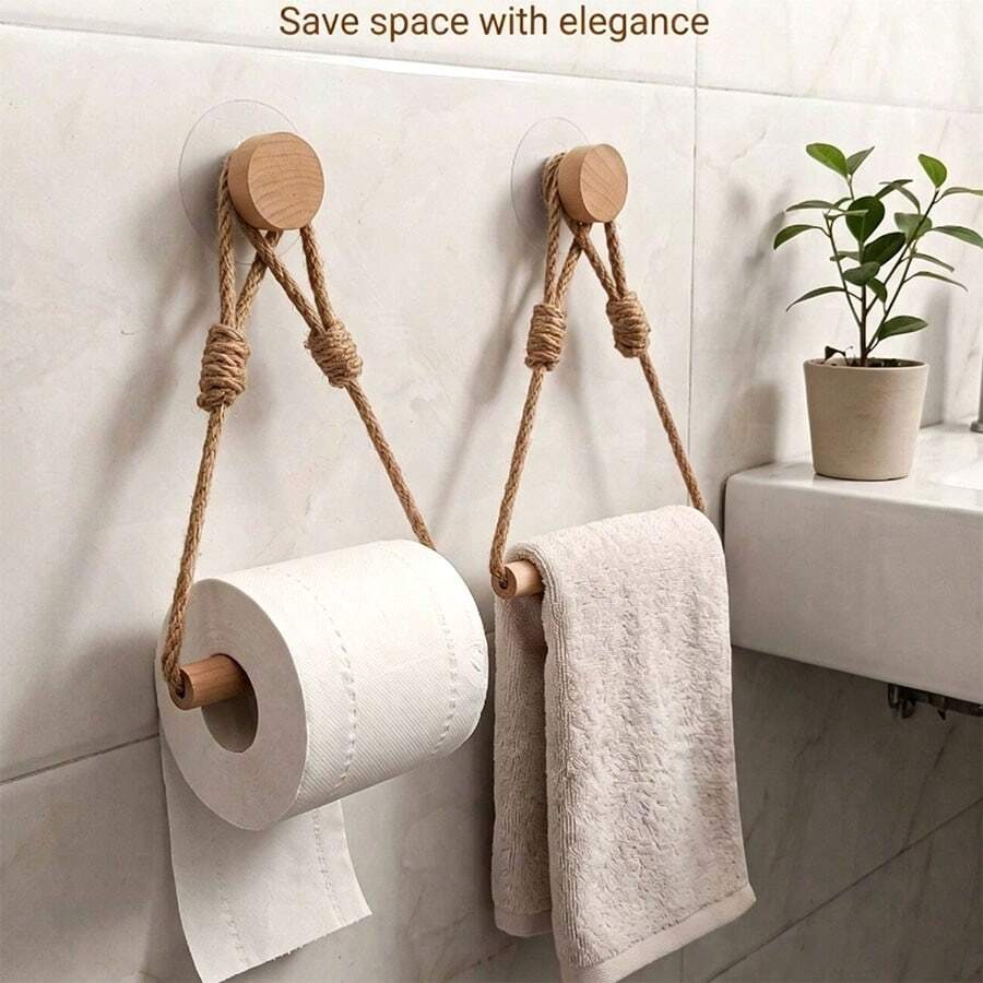 1/2 Pcs Hemp Rope Tissue Holder, Solid Wood Woven Storage Towel Rack, Face Towel Storage Rack, Creative Punch-Free Roll Paper Holder, Elegant Bathroom Toilet Paper Holder, Elegant And Practical Bathroom Accessory - Apricot - View 1