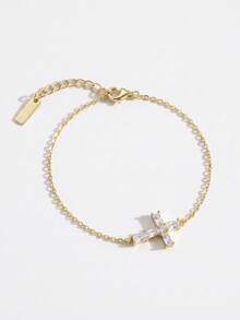 MOUSHEENIA Shiny Rectangular Cut Moissanite Cross Pendant Bracelet, 925 Sterling Silver Adjustable Delicate Horizontal Cross Chain Religious Jewelry For Women - Cross - View 5
