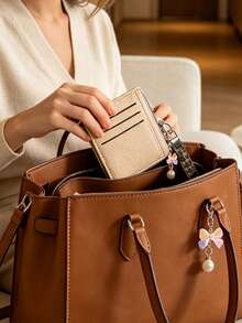 Slim Pu Leather Card Holder Wallet,Multi Card Slots Coin Purse With Rhinestone Wristlet Strap Bow Pendant Keychain, Portable Id Card Case Daily Use - Multicolor - View 5