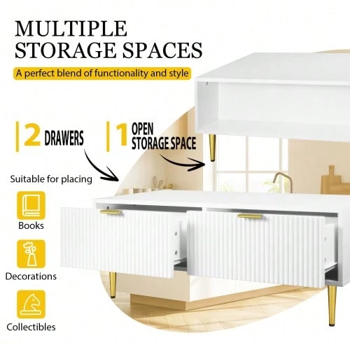 Modern White Coffee Table With Gold Accents, 2 Drawers, Vertical Stripe Design, 100*50*40cm, Living Room Coffee Table, Low Sofa Table - White + Gold - View 1