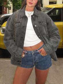 Women's Casual Street Loose Mid-Length Lapel Button Front Denim Jacket - Grey - View 1