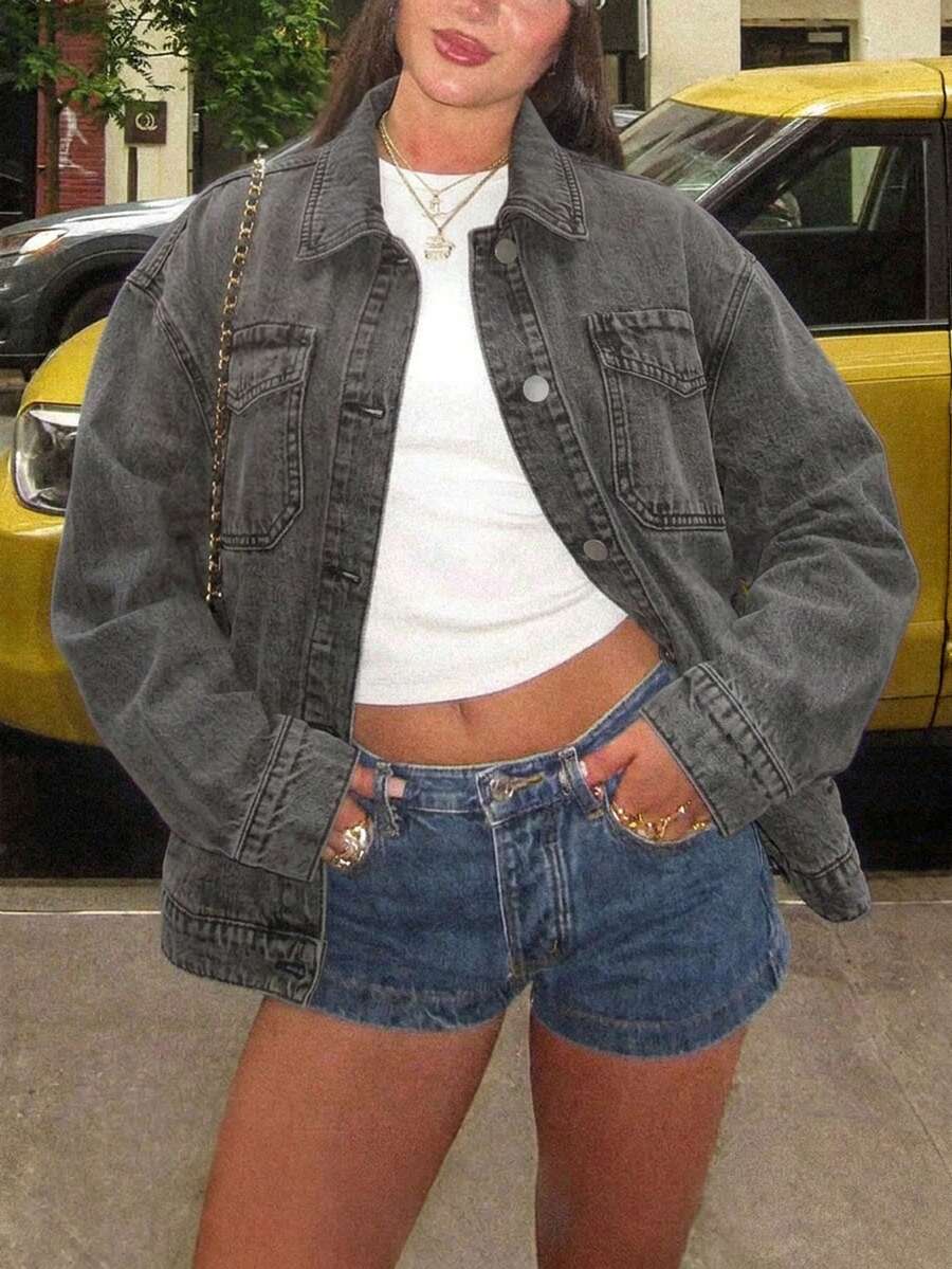 Women's Casual Street Loose Mid-Length Lapel Button Front Denim Jacket - Grey - View 1